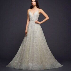 Lazaro 3814 Mikado Organza Geometric Silver Glitter A-Line Wedding